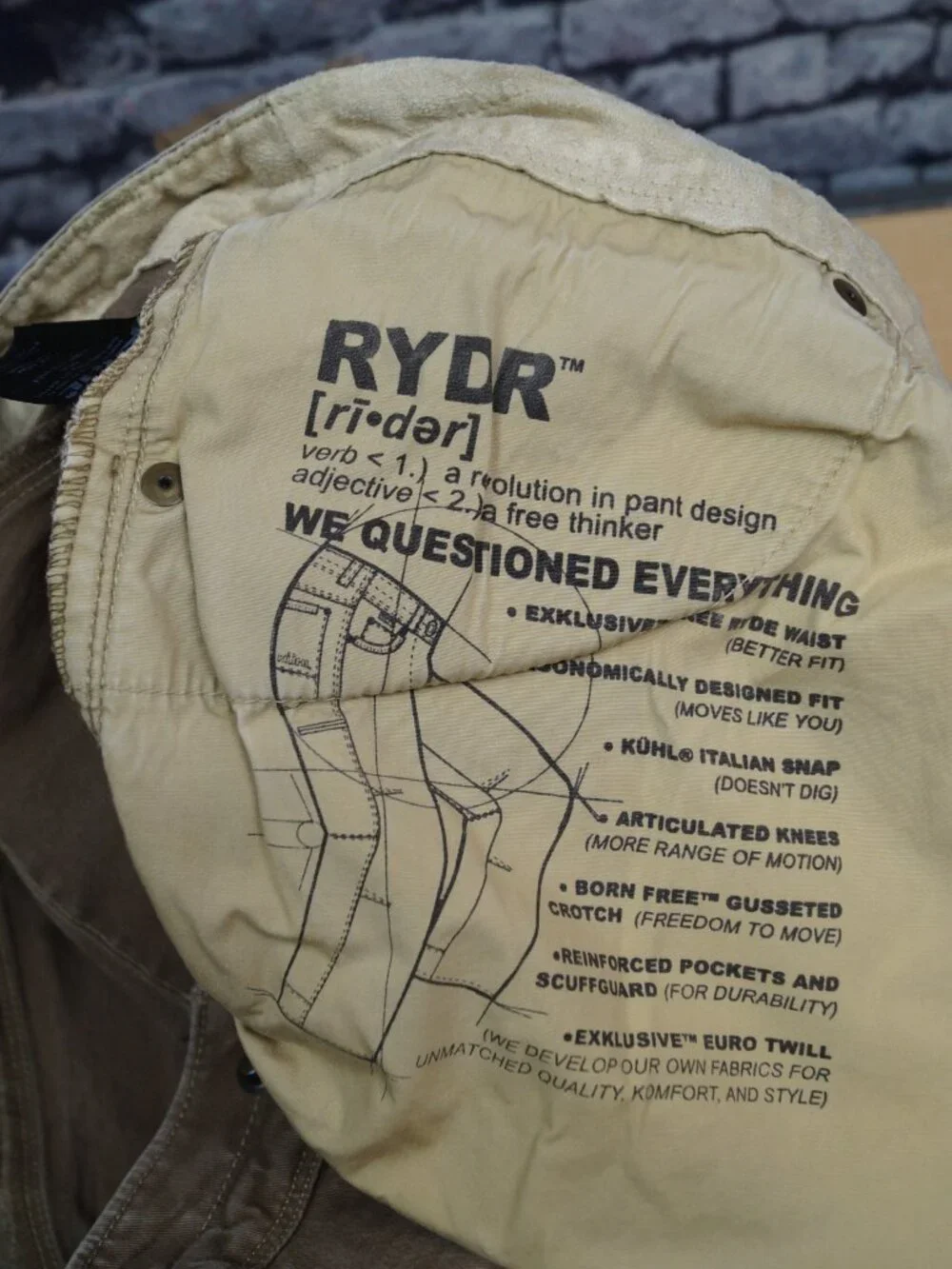 Kuhl Rydr Pants Tan Khaki Stretch Canvas Vintage Patina Dye Hiking Mens 36 x 29